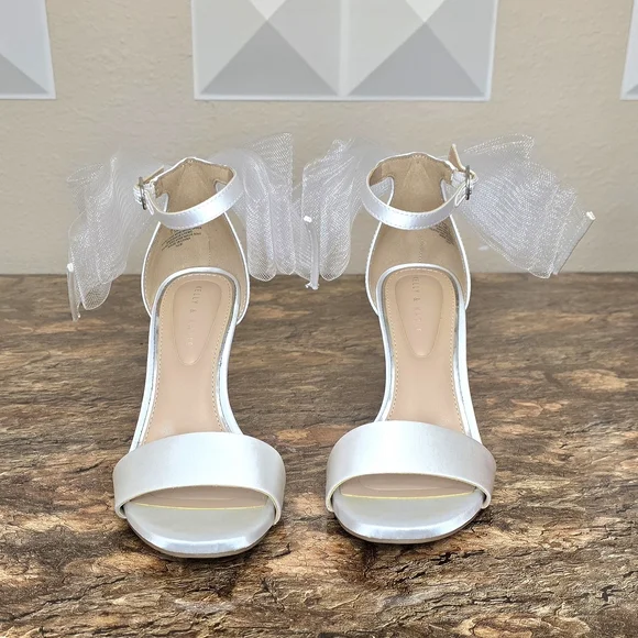 Kelly & Katie White Satin Bow Heels Size 7.5M Elegant Bridal Ankle Strap Sandals - Picture 3 of 7